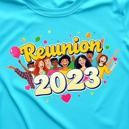 A vibrant and eye-catching reunion t-shirt design featuring a colorful graphic illustration of a group of diverse friends joyfully reuniting