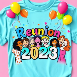 A vibrant and eye-catching reunion t-shirt design featuring a colorful graphic illustration of a group of diverse friends joyfully reuniting