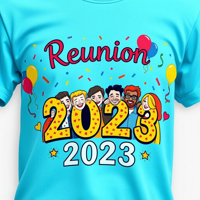 A vibrant and eye-catching reunion t-shirt design featuring a colorful graphic illustration of a group of diverse friends joyfully reuniting