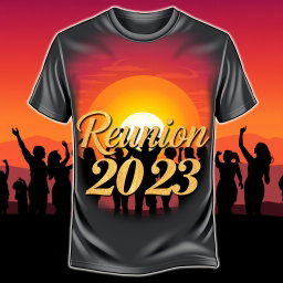 A unique and striking reunion t-shirt design featuring a gold and silver color scheme
