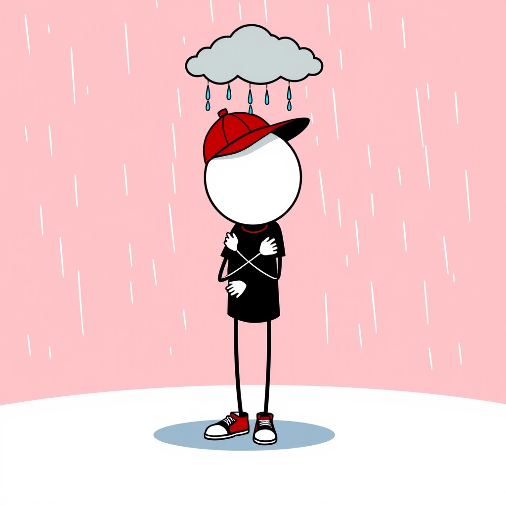 A vibrant cartoon illustration of a faceless stickman character with a round white head (no facial features), thin black stick arms and legs, and realistic cartoon hands and shoes