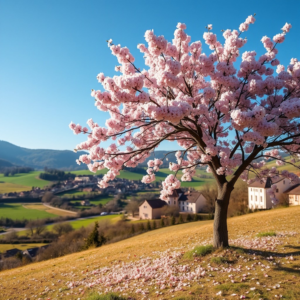 A picturesque cherry blossom tree in full bloom on a gently sloping hill in the foreground, with delicate pink petals scattered around
