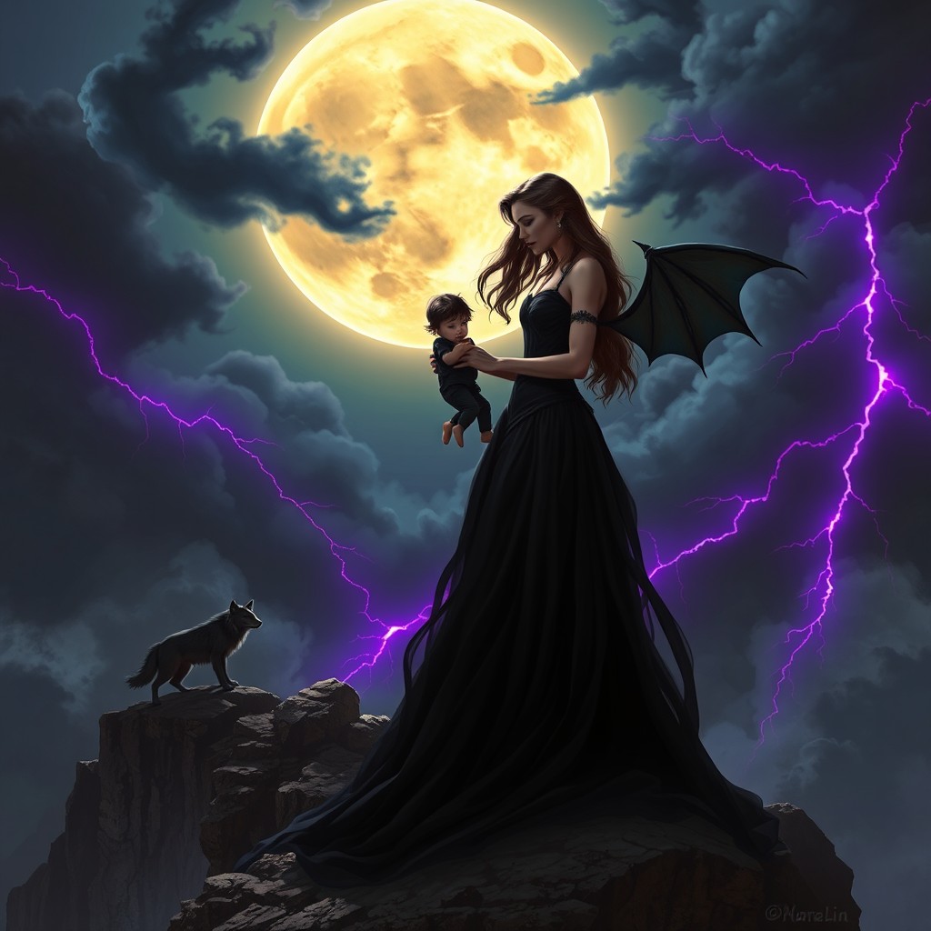 A dark fantasy scene depicting a tall, elegant woman in a beautifully designed black gown, holding her young son in her arms