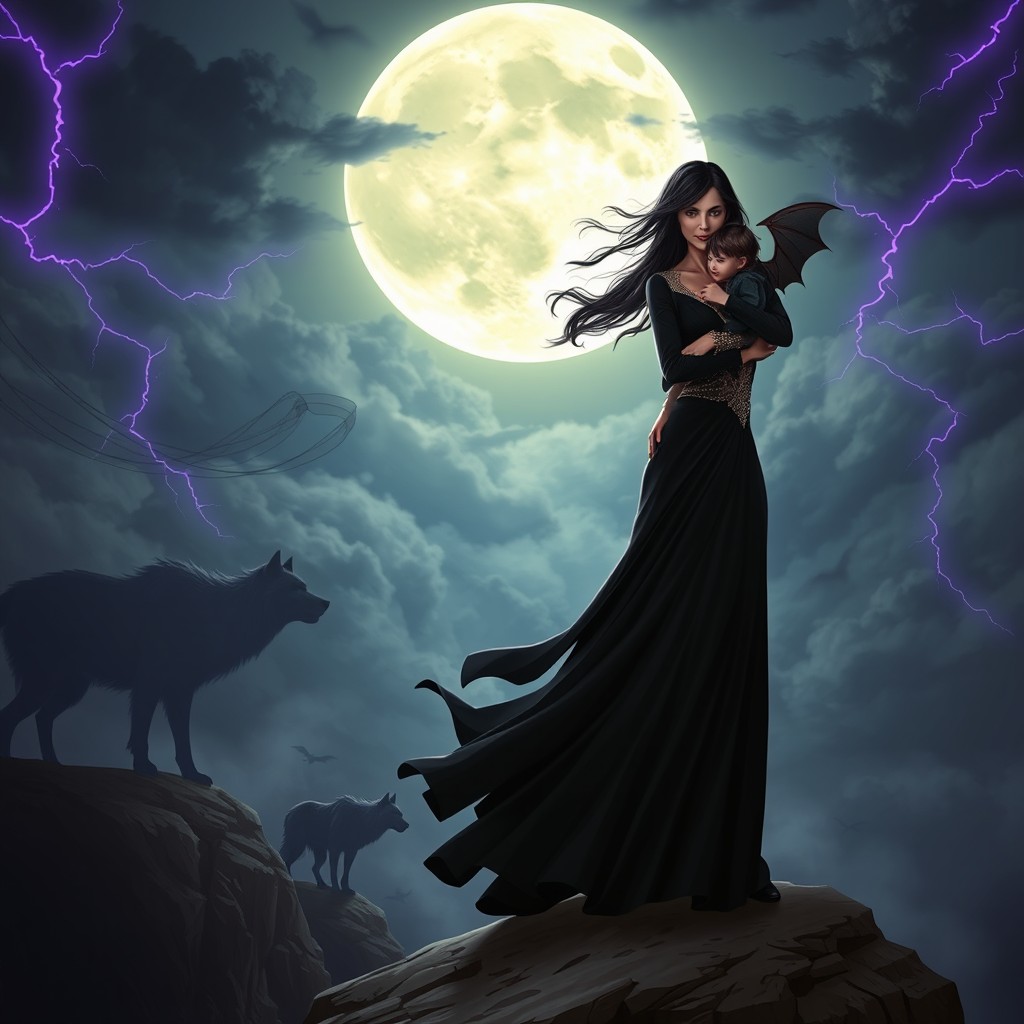 A dark fantasy scene featuring a tall, elegant woman in a flowing black gown, standing on a rocky cliff with a full moon glowing ominously above