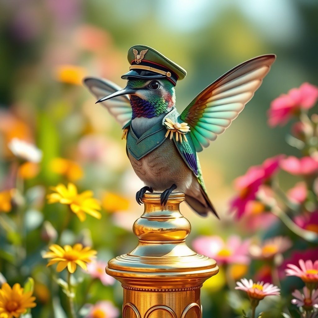 A whimsical scene depicting a charismatic hummingbird with a tiny military uniform, complete with epaulettes and a tiny cap, perched on a golden pedestal