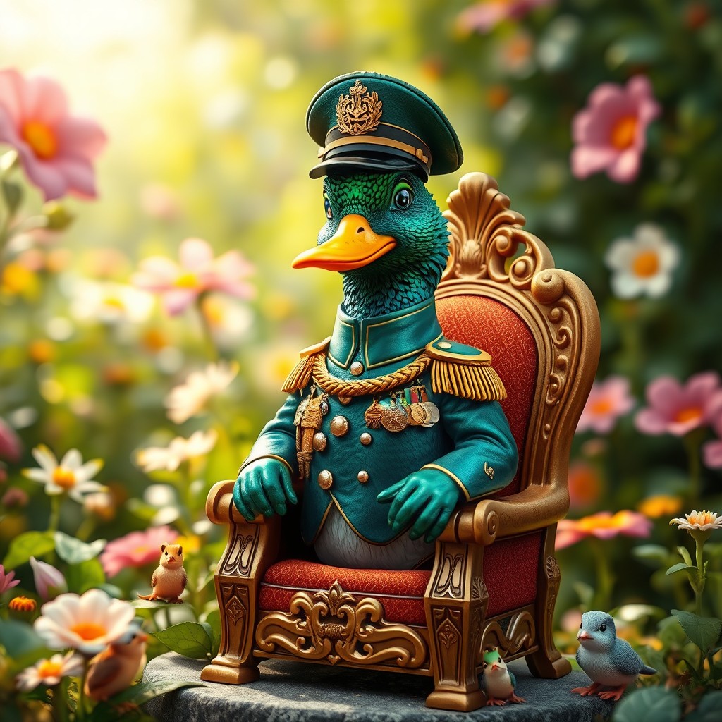 A whimsical scene featuring a charming hybrid creature, a hummingbird-duck dictator, sitting proudly on a small ornate throne