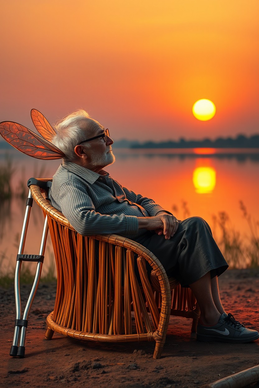 An elderly mosquito with glasses, sitting comfortably in a chair made of woven leaves