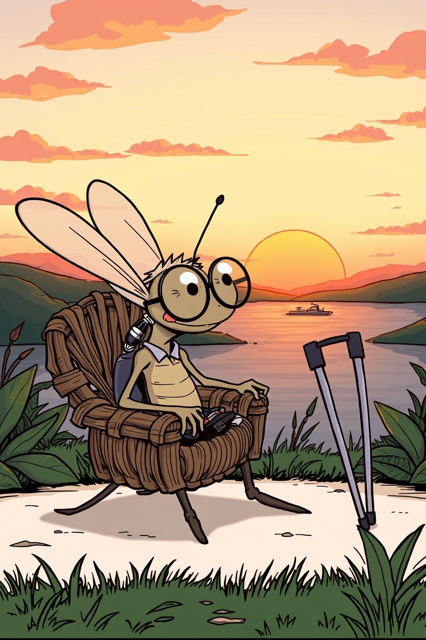 A whimsical comic image depicting an elderly mosquito wearing large round glasses, sitting comfortably on a chair woven from leaves