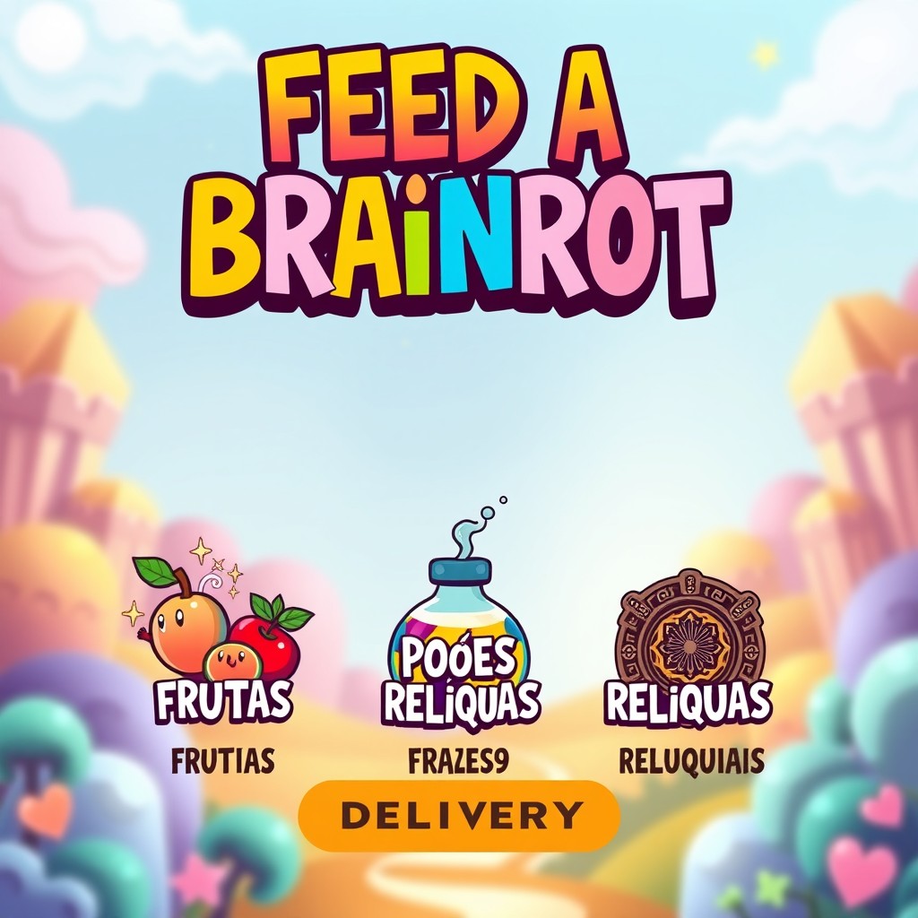 A vibrant and eye-catching banner design featuring the text 'FEED A BRAINROT' prominently displayed at the top in bold, stylized typography