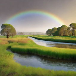 An ethereal afternoon landscape featuring green grass, a blue river with seven waves flowing from left to right, a brilliant rainbow, many trees that sprout wings and fly in the cloudless brown sky.