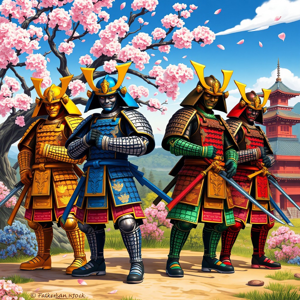 A dynamic scene featuring a yellow samurai, a blue samurai, a green samurai, and a red samurai, all standing proudly in a vibrant, stylized Japanese landscape