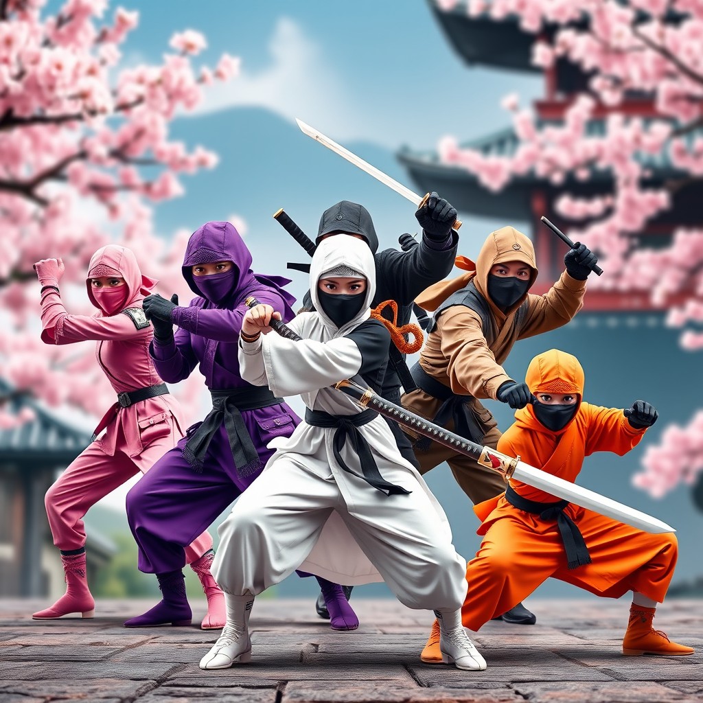 A vibrant action scene featuring five ninjas in dynamic poses