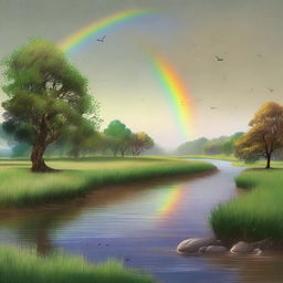 An ethereal afternoon landscape featuring green grass, a blue river with seven waves flowing from left to right, a brilliant rainbow, many trees that sprout wings and fly in the cloudless brown sky.