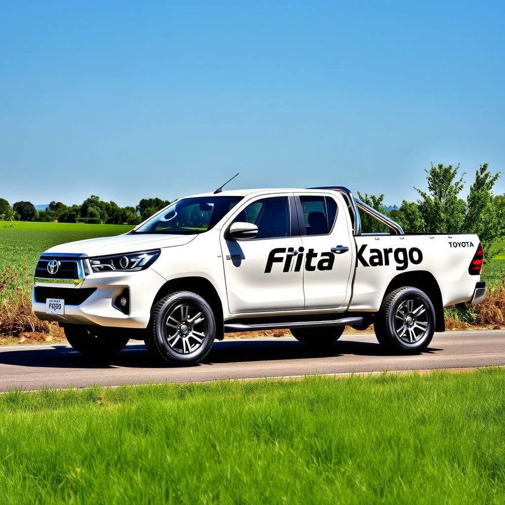 A detailed design of a Toyota double cabin pickup truck featuring the text 'Fiata Kargo' prominently displayed on the side