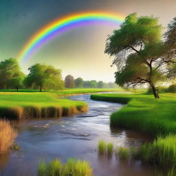 An ethereal afternoon landscape featuring green grass, a blue river with seven waves flowing from left to right, a brilliant rainbow, many trees that sprout wings and fly in the cloudless brown sky.