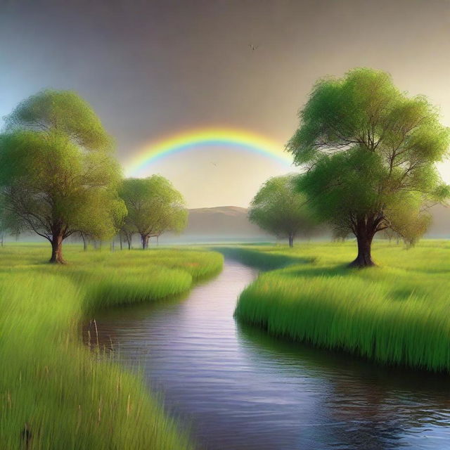 An ethereal afternoon landscape featuring green grass, a blue river with seven waves flowing from left to right, a brilliant rainbow, many trees that sprout wings and fly in the cloudless brown sky.