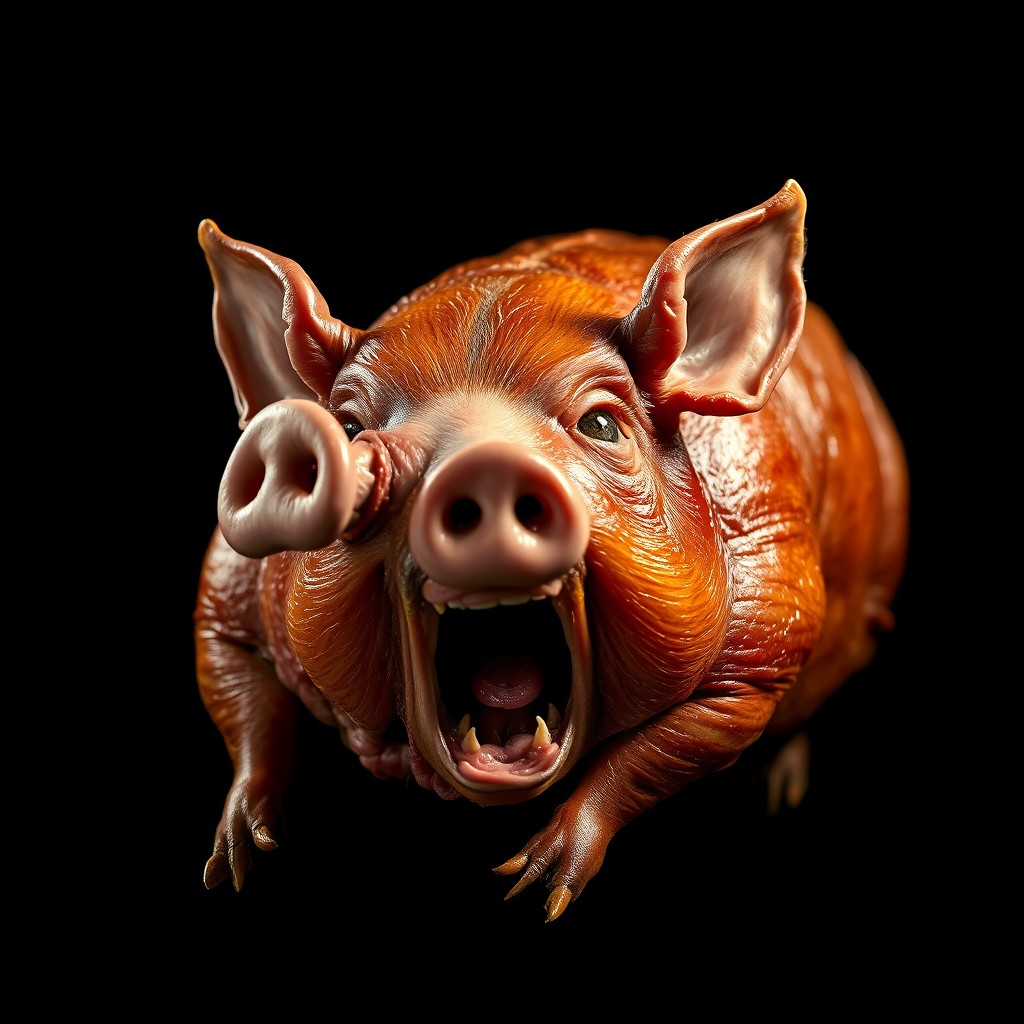 A stunningly hyperrealistic image of a roasted lechon, a whole pig with its shiny, crispy skin glistening under bright studio lighting