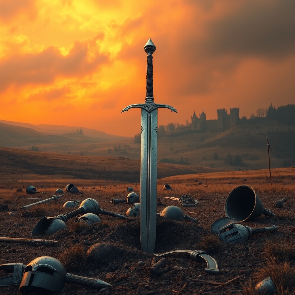 A fantasy landscape showcasing the theme of war, with a prominently featured knight's sword deeply embedded in the ground, symbolizing a fierce battle