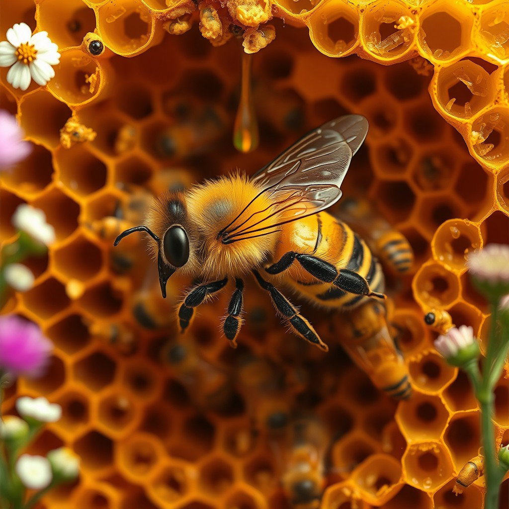 A vibrant scene depicting a bee bustling inside a beehive, highlighting the intricate structure of honeycomb cells