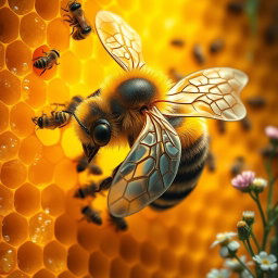 A vibrant scene depicting a bee bustling inside a beehive, highlighting the intricate structure of honeycomb cells