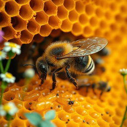 A vibrant scene depicting a bee bustling inside a beehive, highlighting the intricate structure of honeycomb cells