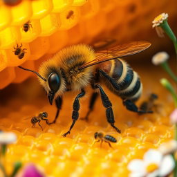 A vibrant scene depicting a bee bustling inside a beehive, highlighting the intricate structure of honeycomb cells