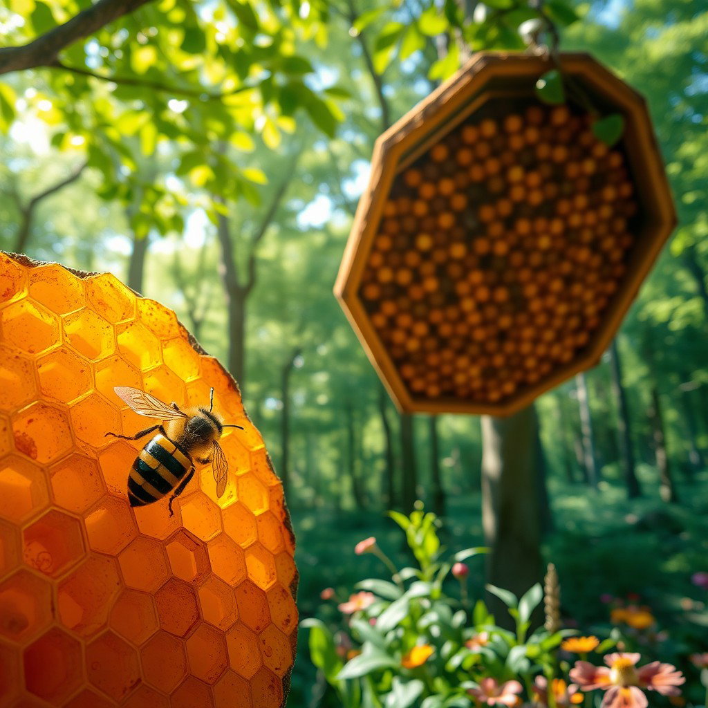 A lively scene portraying a bee busy inside a beehive, with a stunning background of lush green trees and a vibrant forest
