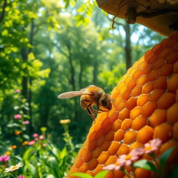 A lively scene portraying a bee busy inside a beehive, with a stunning background of lush green trees and a vibrant forest