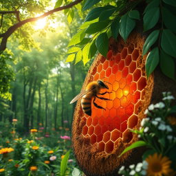 A lively scene portraying a bee busy inside a beehive, with a stunning background of lush green trees and a vibrant forest