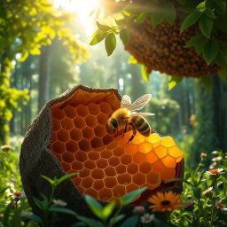 A lively scene portraying a bee busy inside a beehive, with a stunning background of lush green trees and a vibrant forest