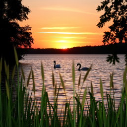 A serene sunset over a calm lake, with gentle ripples on the water reflecting hues of orange, pink, and purple as the sun dips below the horizon