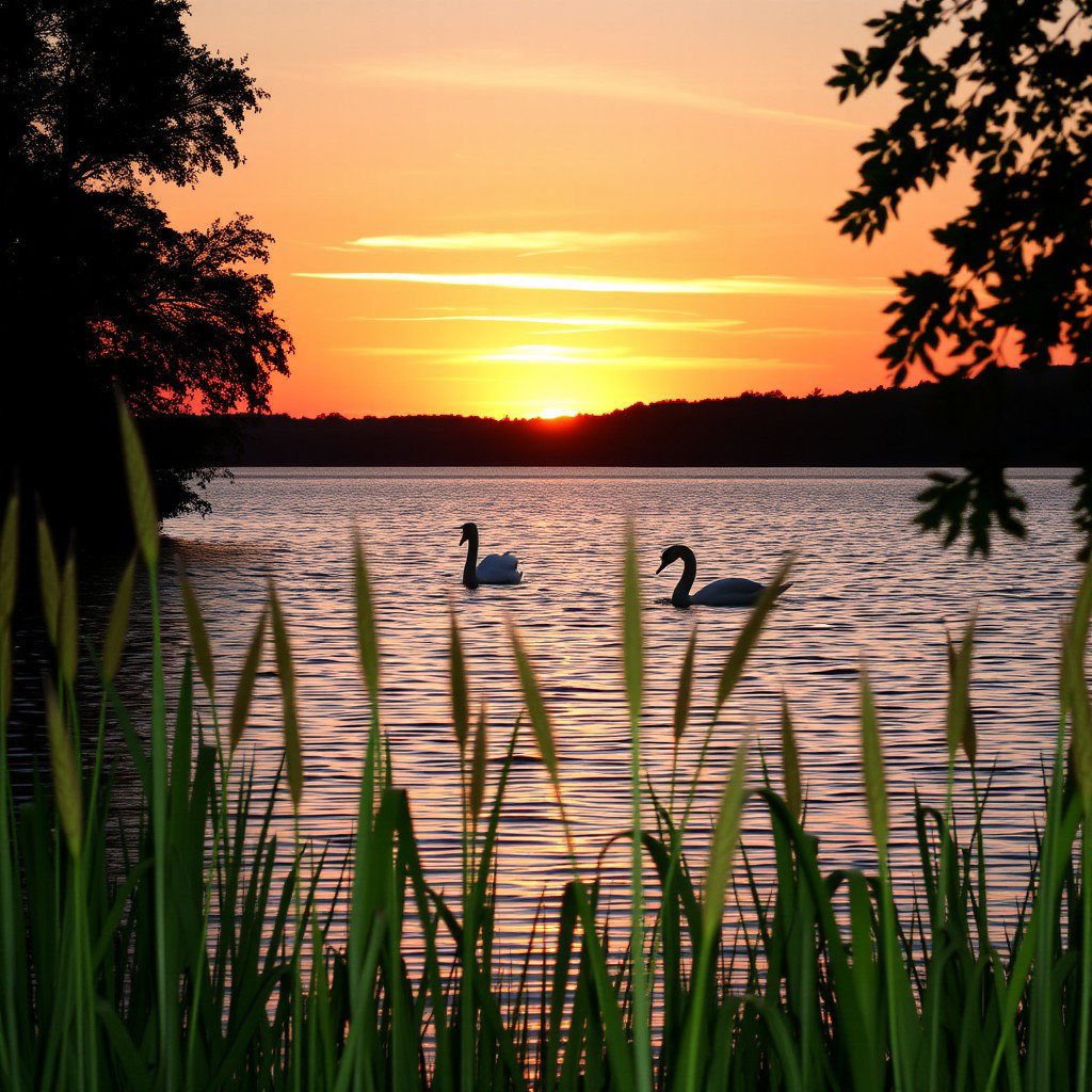 A serene sunset over a calm lake, with gentle ripples on the water reflecting hues of orange, pink, and purple as the sun dips below the horizon