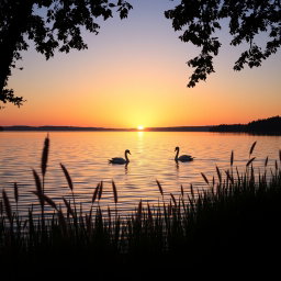 A serene sunset over a calm lake, with gentle ripples on the water reflecting hues of orange, pink, and purple as the sun dips below the horizon
