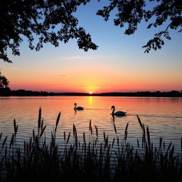 A serene sunset over a calm lake, with gentle ripples on the water reflecting hues of orange, pink, and purple as the sun dips below the horizon