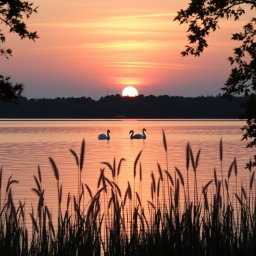 A serene sunset over a calm lake, with gentle ripples on the water reflecting hues of orange, pink, and purple as the sun dips below the horizon