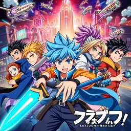 A vibrant Japanese anime poster featuring a dynamic group of diverse characters, each with unique hairstyles and colorful outfits