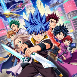 A vibrant Japanese anime poster featuring a dynamic group of diverse characters, each with unique hairstyles and colorful outfits