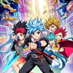 A vibrant Japanese anime poster featuring a dynamic group of diverse characters, each with unique hairstyles and colorful outfits