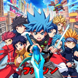 A vibrant Japanese anime poster featuring a dynamic group of diverse characters, each with unique hairstyles and colorful outfits