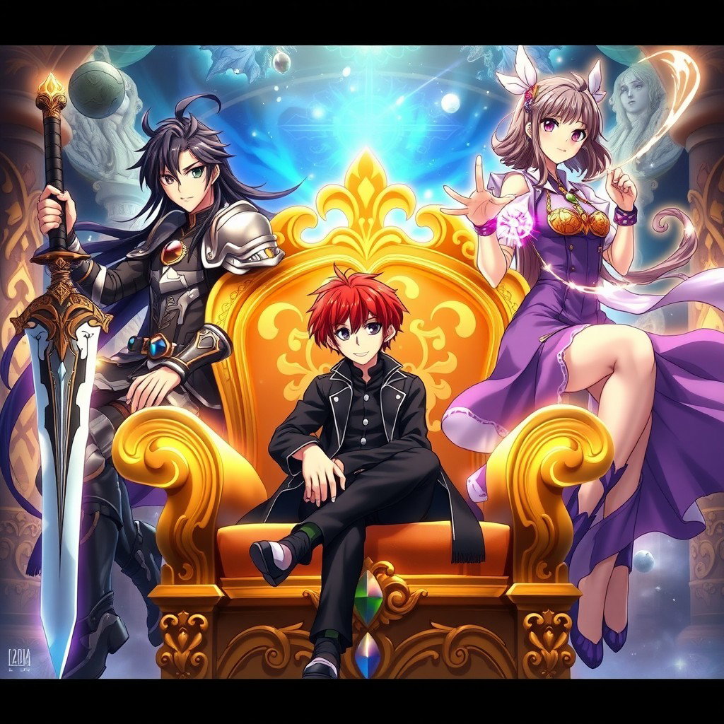 A captivating Japanese anime poster featuring three characters sitting on an ornate golden throne set against a fantastical backdrop