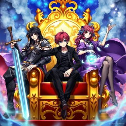 A captivating Japanese anime poster featuring three characters sitting on an ornate golden throne set against a fantastical backdrop