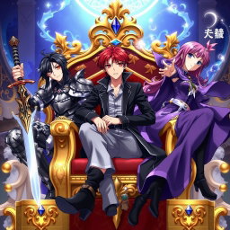 A captivating Japanese anime poster featuring three characters sitting on an ornate golden throne set against a fantastical backdrop