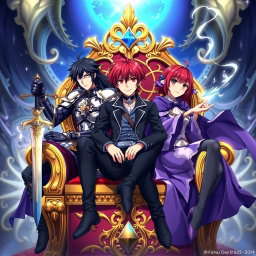 A captivating Japanese anime poster featuring three characters sitting on an ornate golden throne set against a fantastical backdrop