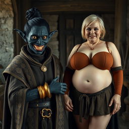 In a medieval room, a wicked woman with very dark black skin, appearing malnourished at around 30 years old, stands with her low stature