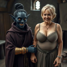 In a medieval room, a wicked woman with very dark black skin, appearing malnourished at around 30 years old, stands with her low stature