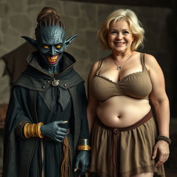 In a medieval room, a wicked woman with very dark black skin, appearing malnourished at around 30 years old, stands with her low stature