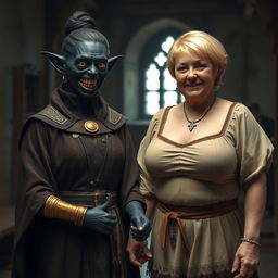 In a medieval room, a wicked woman with very dark black skin, appearing malnourished at around 30 years old, stands with her low stature