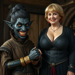 In a medieval room, a sinister woman with very dark black skin, appearing malnourished at around 30 years old, stands at a low height