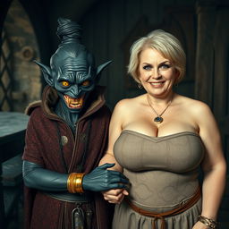 In a medieval room, a sinister woman with very dark black skin, appearing malnourished at around 30 years old, stands at a low height