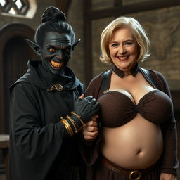 In a medieval room, a sinister woman with very dark black skin, appearing malnourished at around 30 years old, stands with a low stature